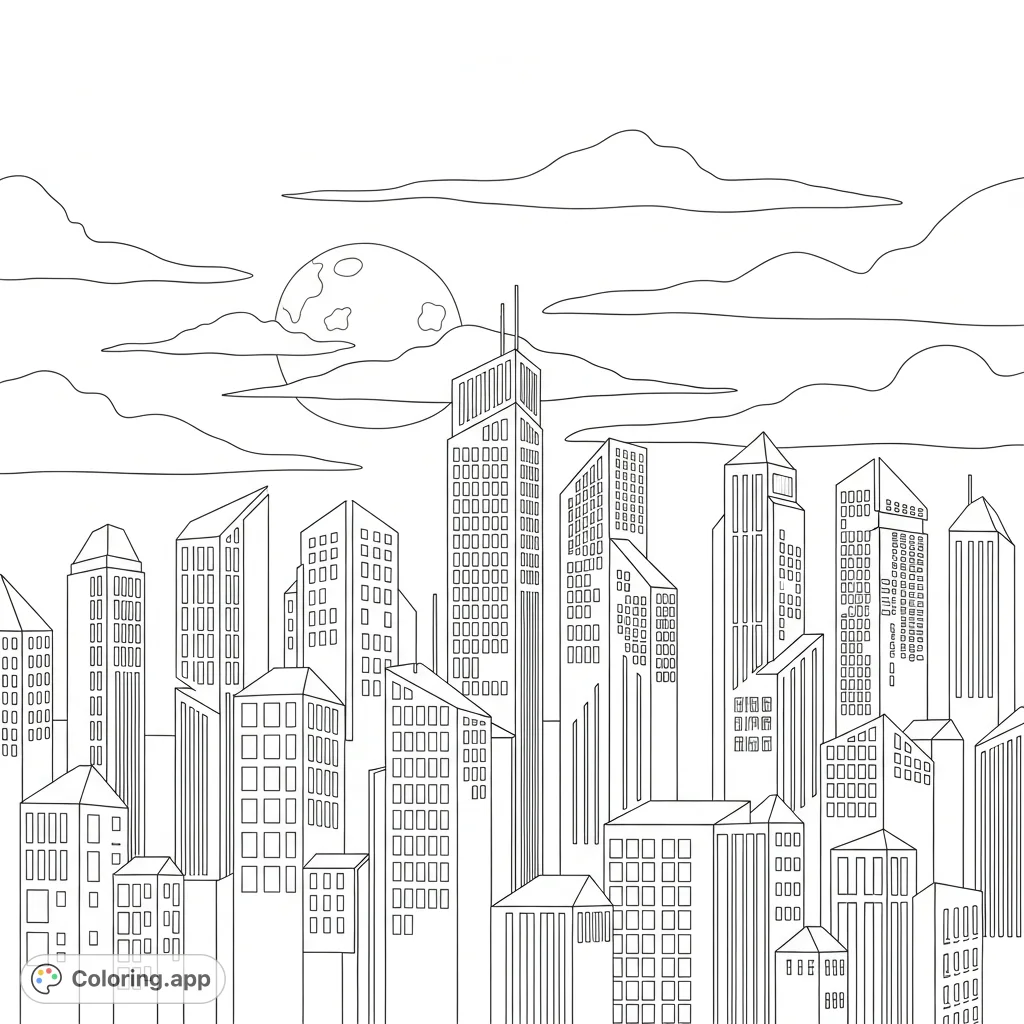 Color a stylized night city skyline with glowing rectangular windows, a tranquil moon partially hidden by clouds, and varied building silhouettes.