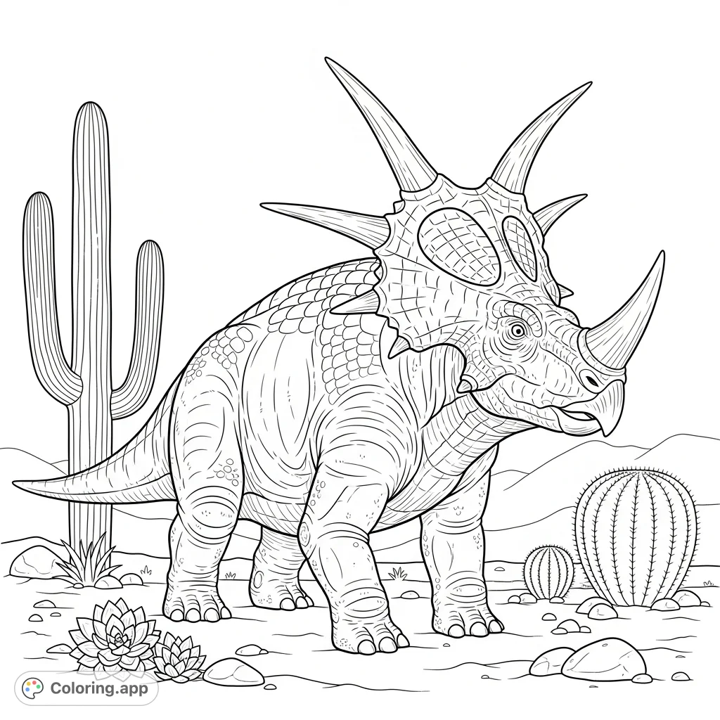 A powerful styracosaurus with a large frill and horns navigates a detailed desert scene, surrounded by saguaro and barrel cacti and succulents on sandy terrain.