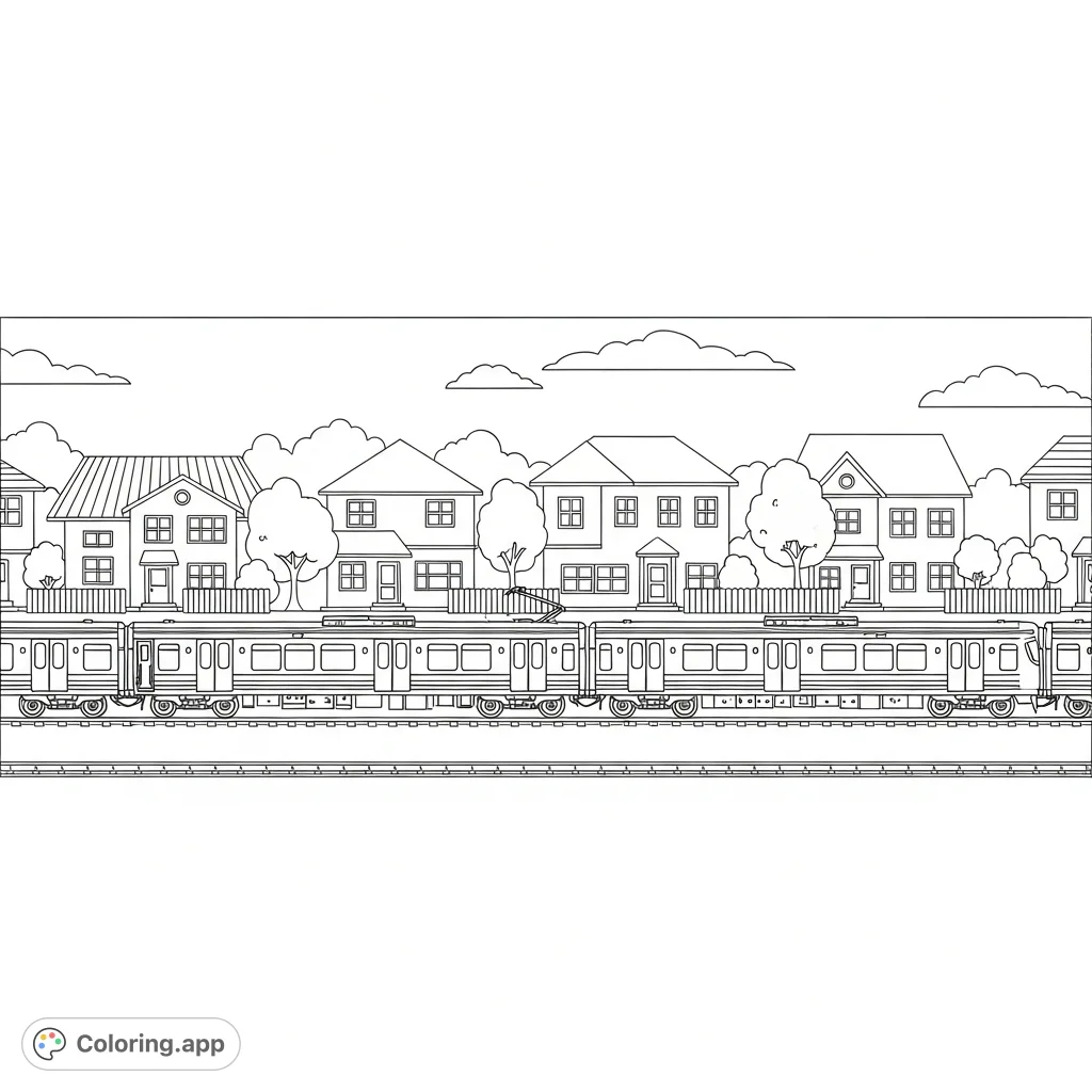 Color a commuter train gliding through a peaceful suburban scene with simplified houses, fences, and trees. Perfect for rail enthusiasts.