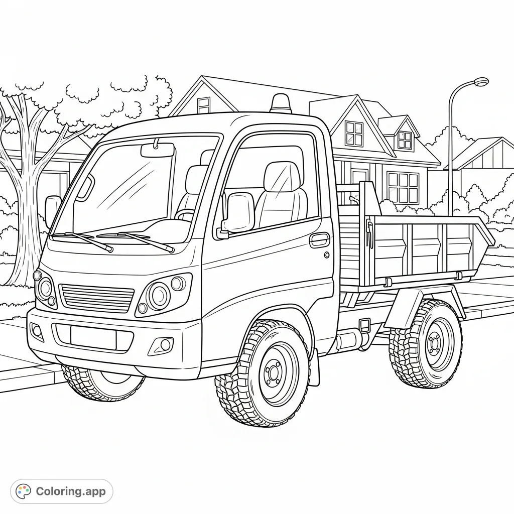 Depicts a compact utility dump truck with a raised bed, parked on a suburban street. Features include a detailed cab, sturdy tires, a residential house, and a tree.
