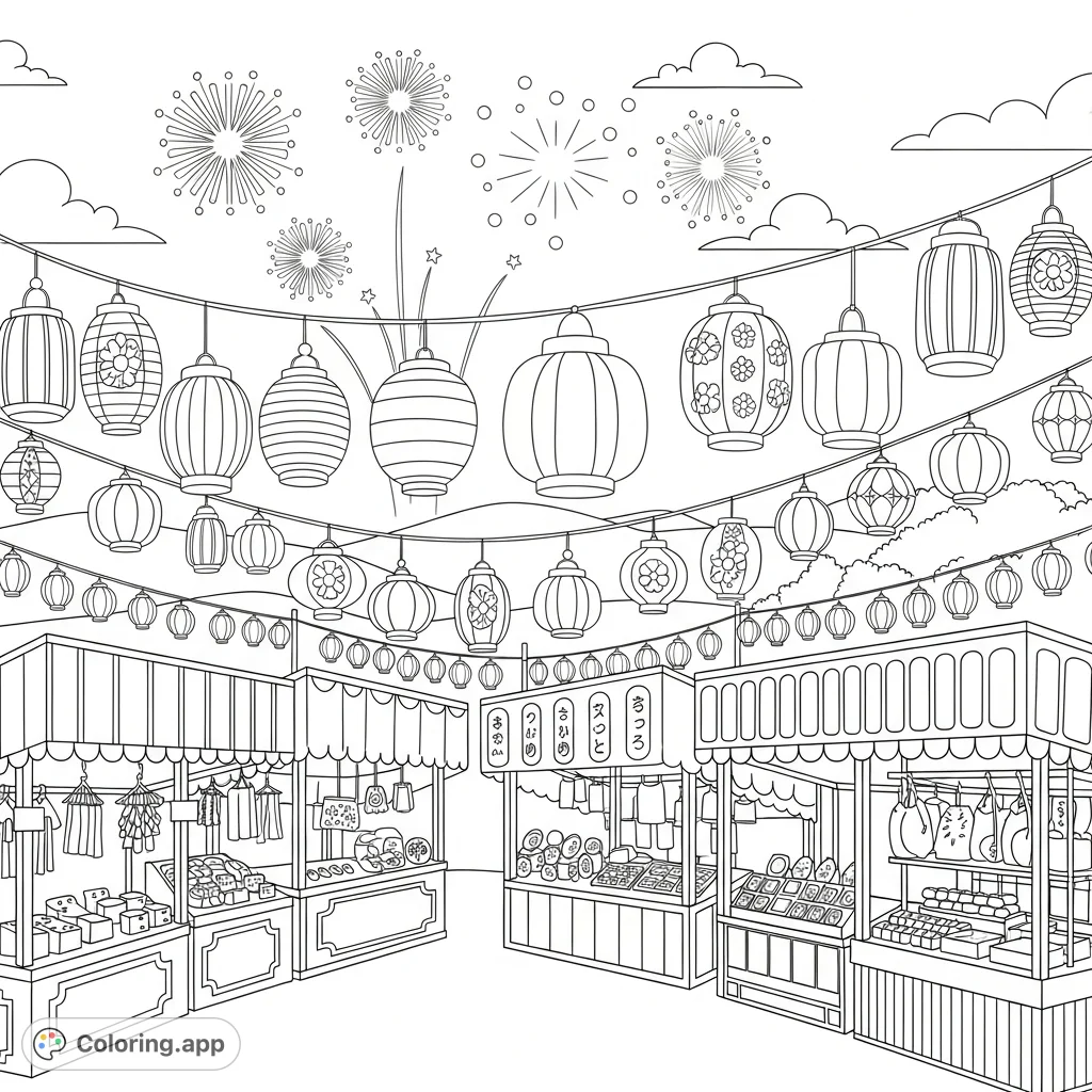 Capture the joy of a summer festival with bustling booths, glowing lanterns, and a sky filled with dazzling fireworks. A perfect festive scene.