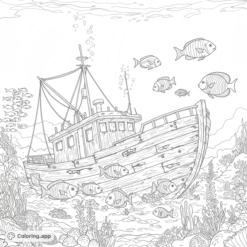 Explore a captivating underwater shipwreck coloring page, featuring a detailed sunken vessel, diverse fish, and vibrant coral reefs. A free printable adventure!