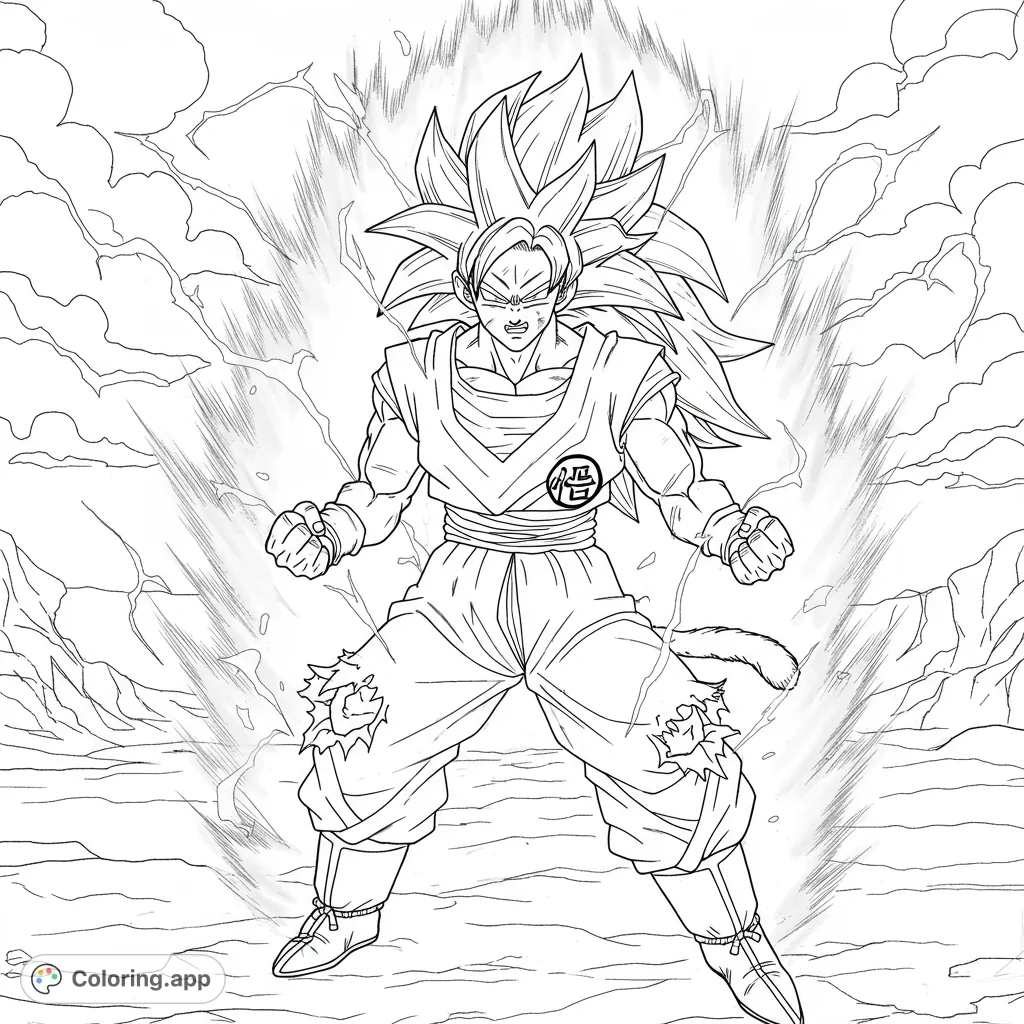 Dynamic Super Saiyan 3 Goku unleashing immense power, perfect for anime fans. Free printable coloring page for kids and adults.