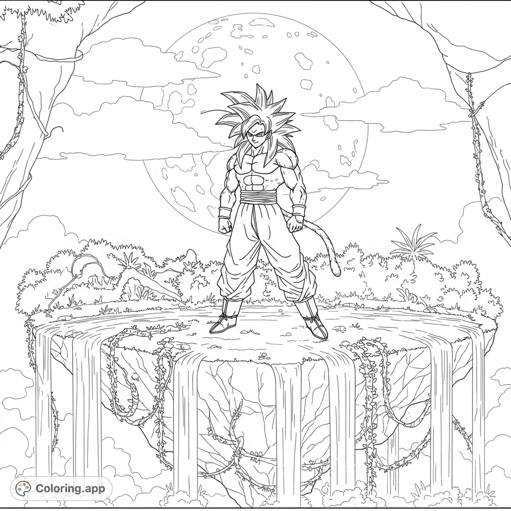 Powerful anime warrior with spiky hair and tail stands on a waterfall cliff under a full moon. An epic scene for coloring fans.
