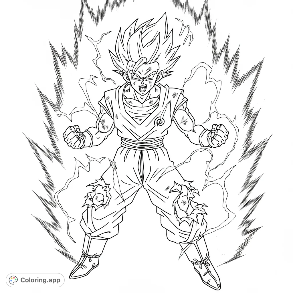 Dynamic Super Saiyan character powering up with intense energy aura. A thrilling anime-inspired free printable coloring page for fans of action.