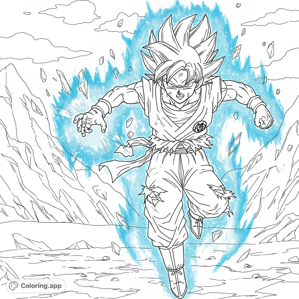 Dynamic Goku coloring page, powering up amidst flying debris in a rocky landscape. Unleash your creativity on this action-packed scene!