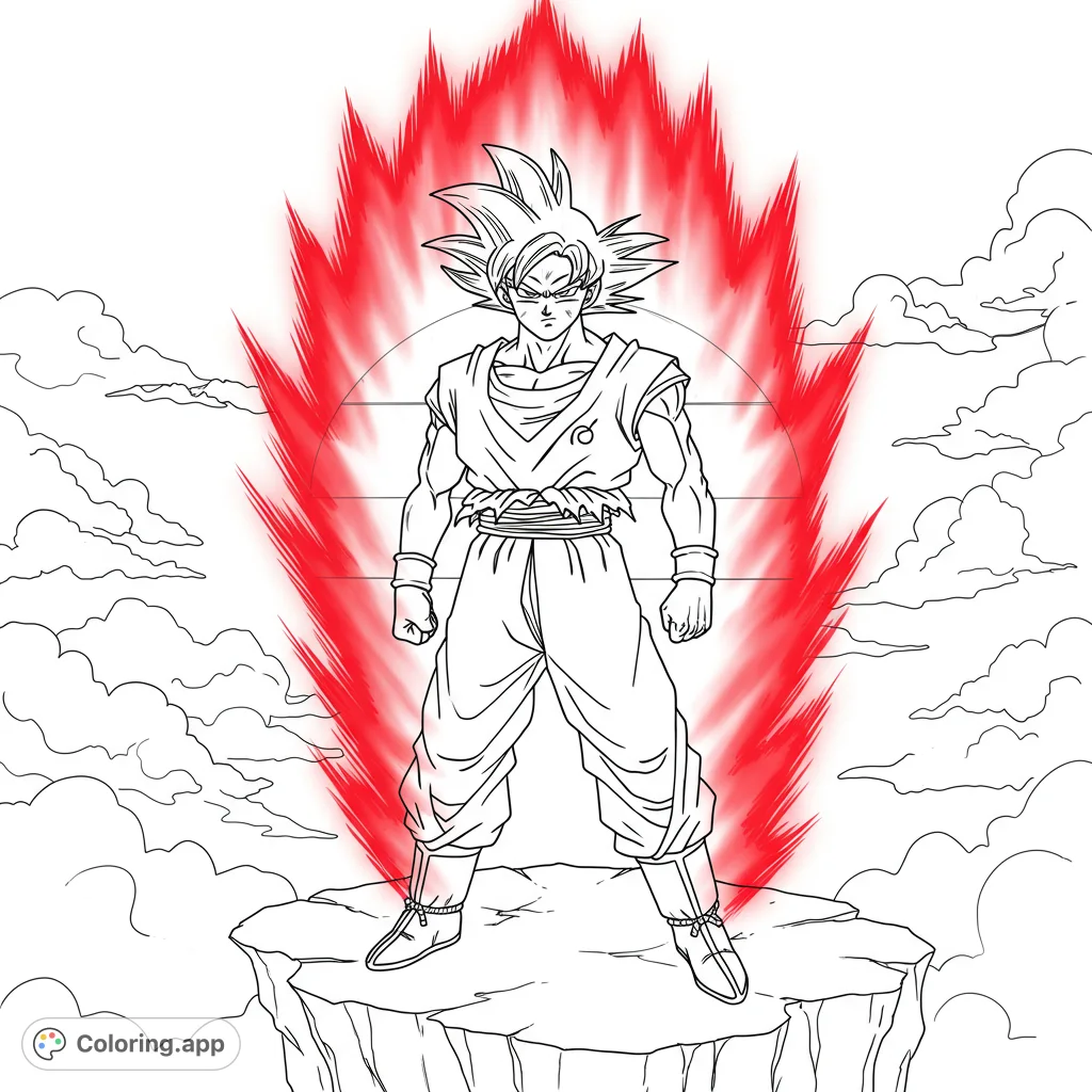 Unleash your power with this dynamic anime hero coloring page! A powerful warrior with spiky hair and intense aura stands on a cliff.