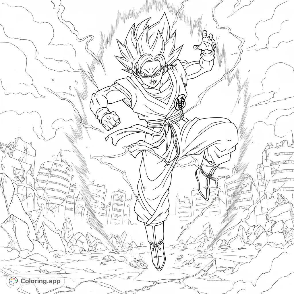 Unleash your power with this dynamic anime hero coloring page! A Super Saiyan in mid-air, radiating energy over a ruined city.