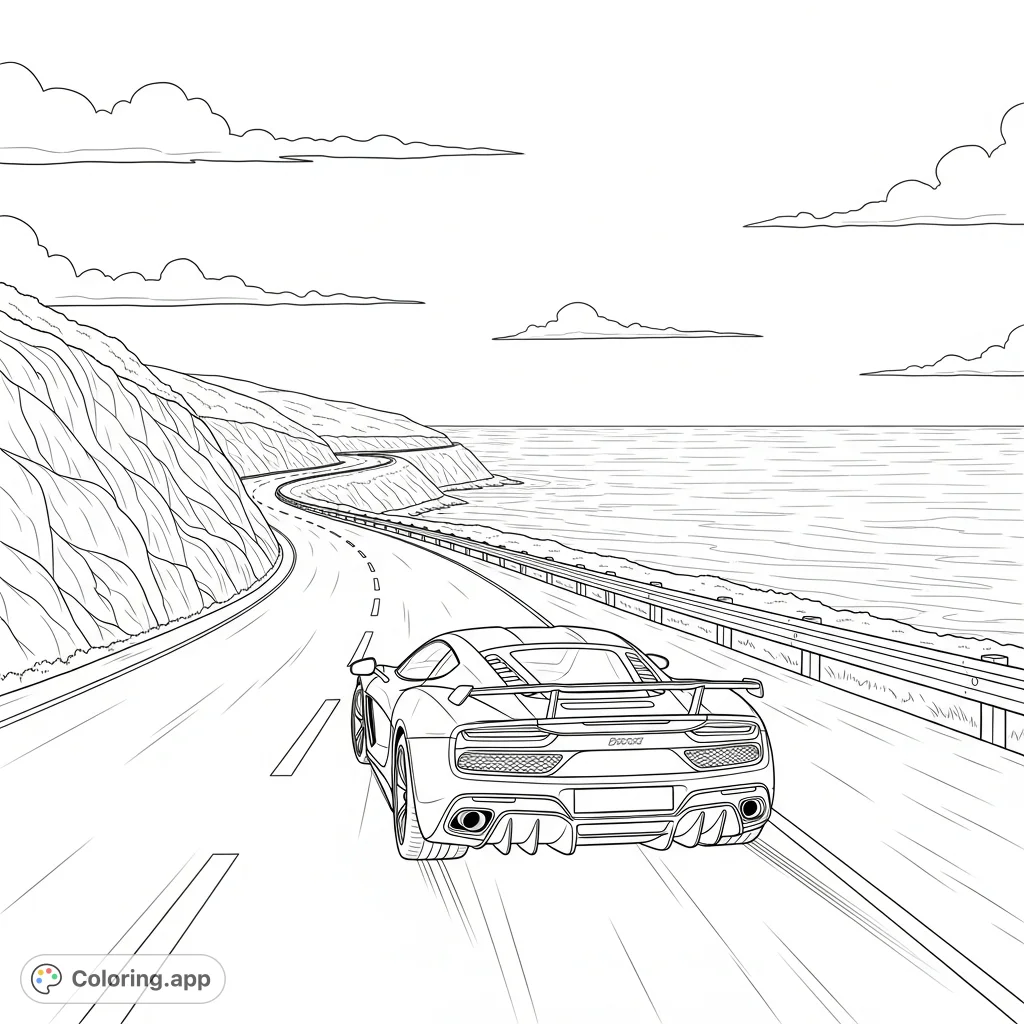 Experience the thrill of speed with a detailed supercar racing along a scenic coastal highway, featuring ocean views, rugged cliffs, and an open sky.