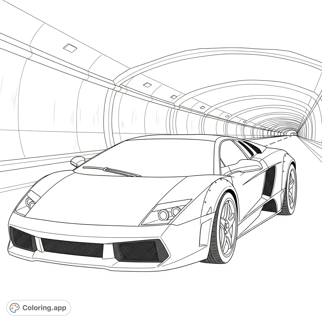 Color a sleek, Murciélago-style supercar parked inside a long, textured tunnel, featuring simplified geometric lights. A dynamic scene for car enthusiasts.