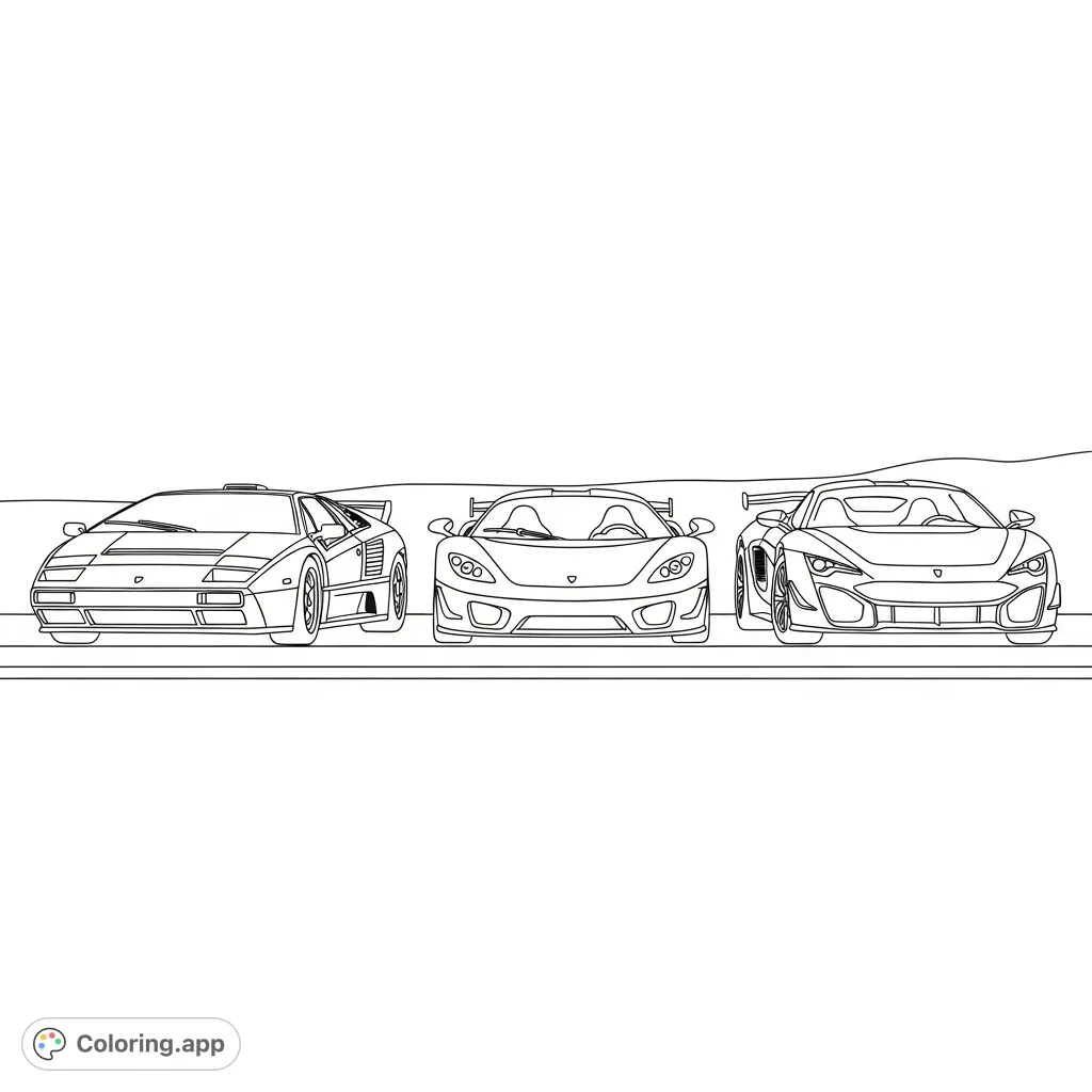 A detailed coloring page featuring a lineup of three high-performance supercars, each representing a distinct design era, set against a minimal background.