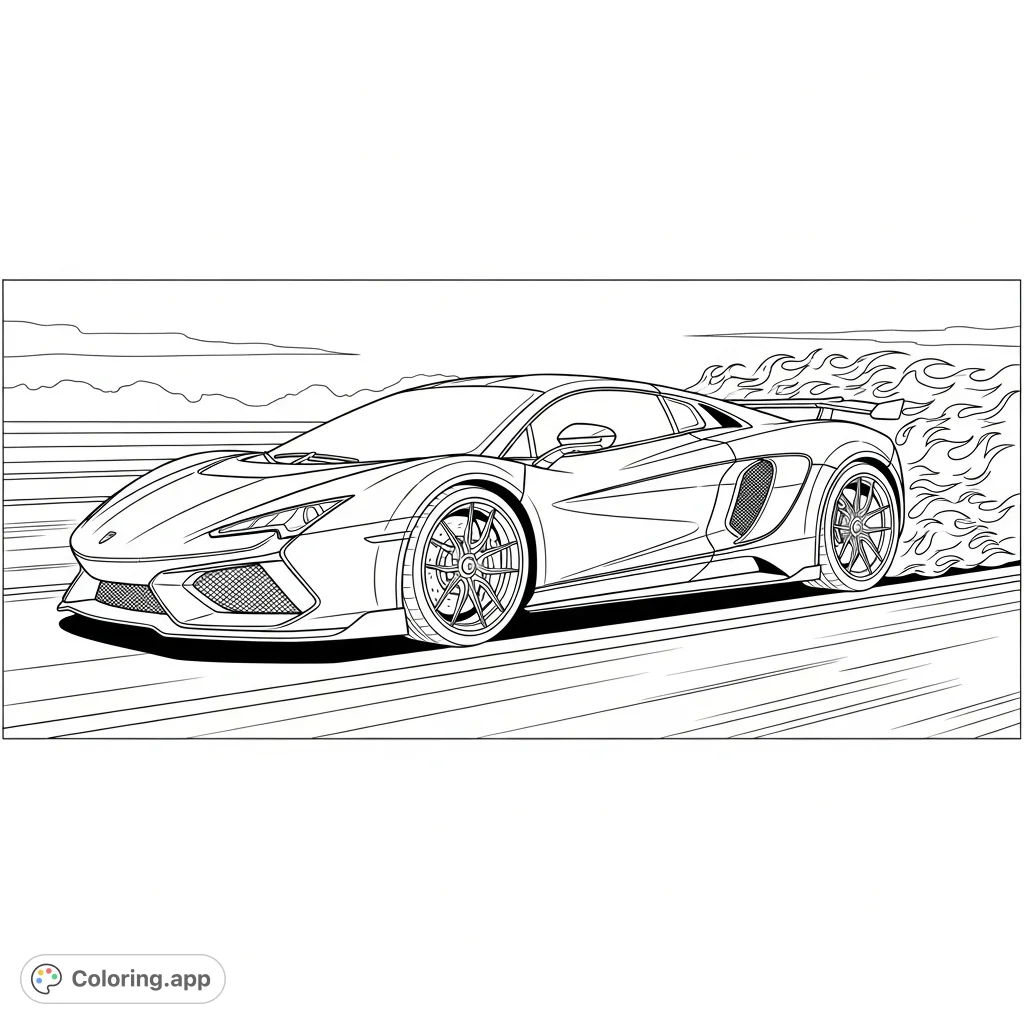 Experience the thrill of speed! A sleek supercar accelerates with dramatic flames erupting from its exhaust, captured in a dynamic, high-energy scene.