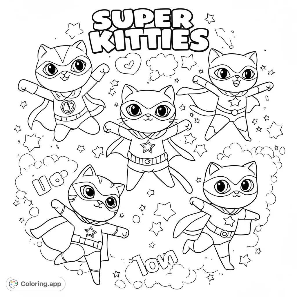 Five adorable superhero kitties fly through a starry sky, ready for action! A fun, free printable superhero cat coloring page for kids and adults.