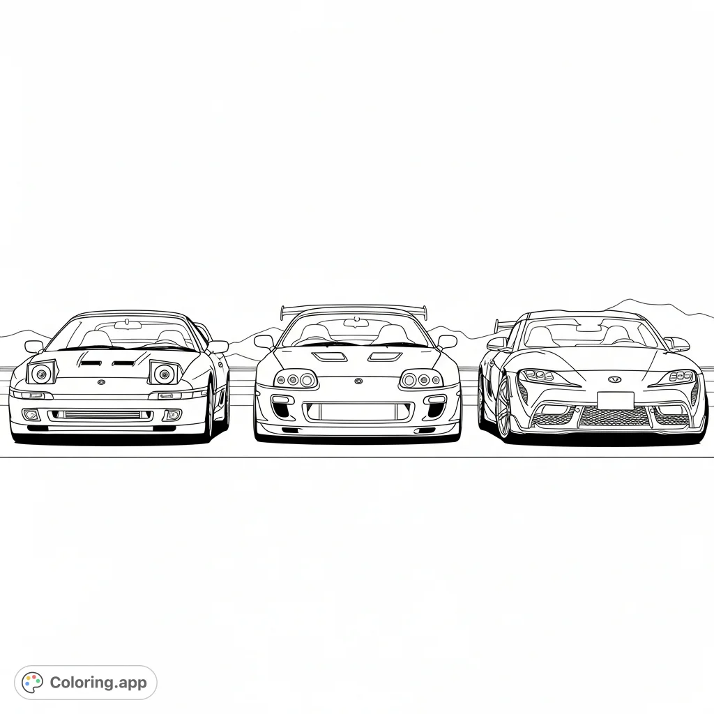 Explore the evolution of an iconic sports car with this detailed coloring page featuring MK3, MK4, and MK5 Supra-inspired vehicles.