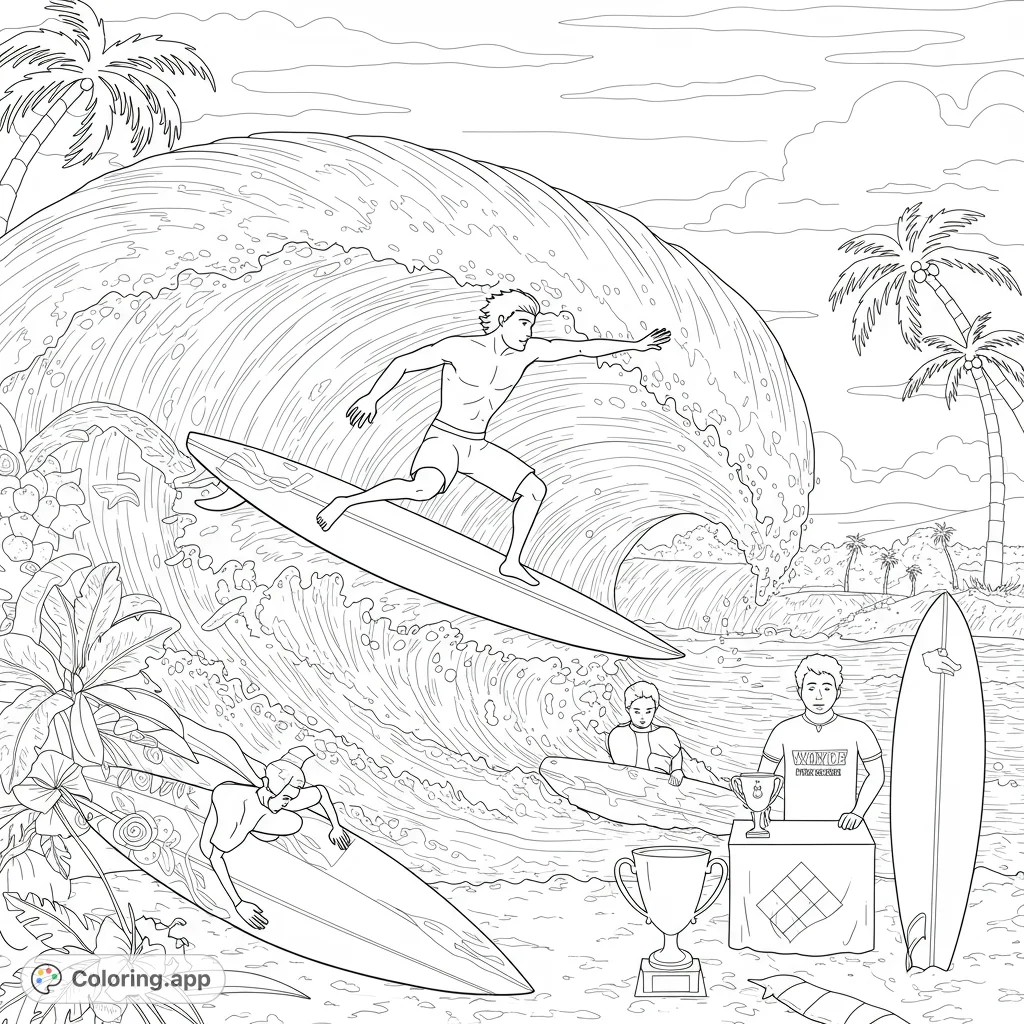 Catch a wave with this dynamic surfing scene! Features a surfer riding a huge barrel wave, beach elements, and tropical vibes.