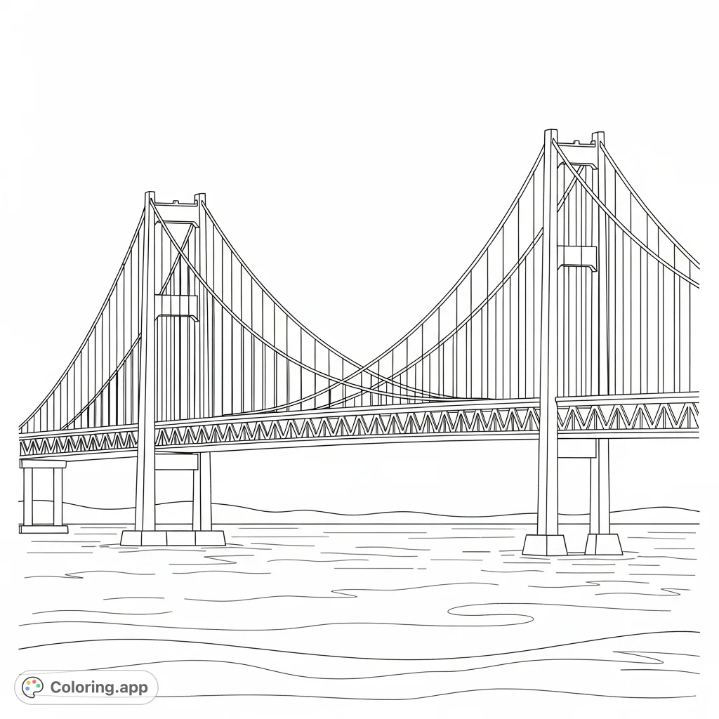 An elegant suspension bridge spans calm waters, with gently curving waves and a distant horizon, perfect for a serene coloring experience.
