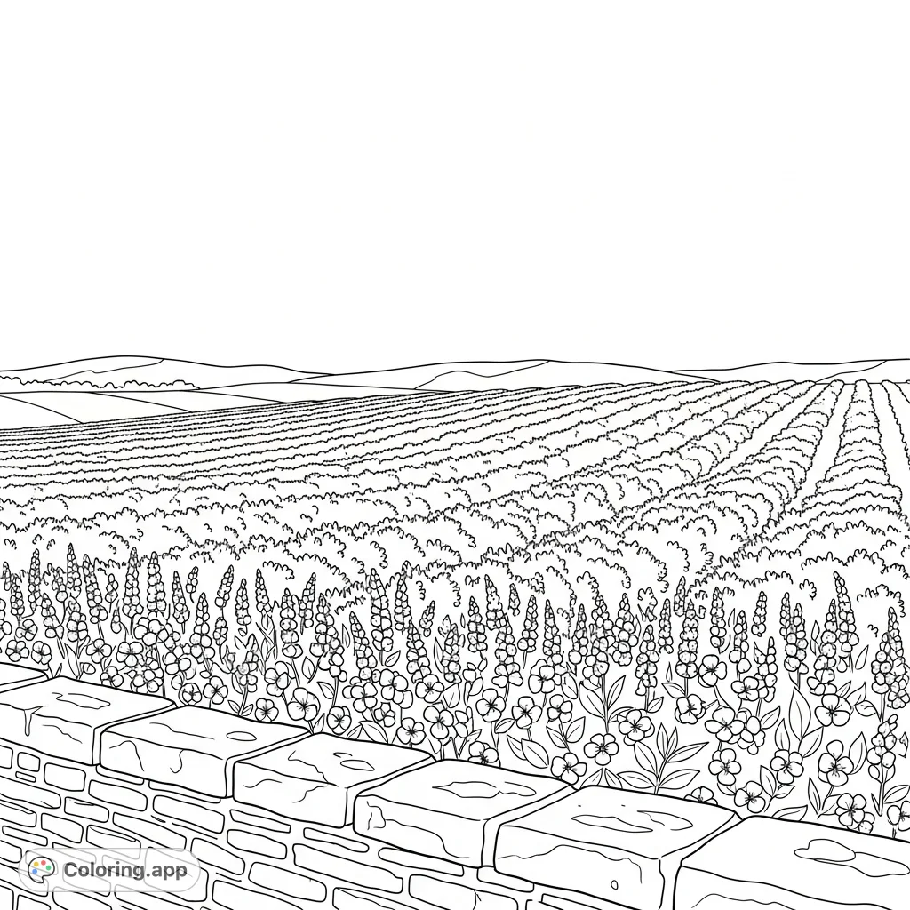 Explore a serene landscape featuring expansive rows of flowering bushes stretching towards distant hills, framed by a rustic stone wall under an open sky.