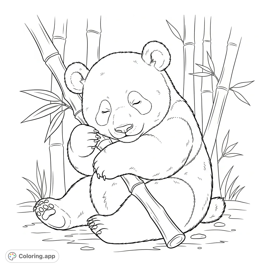 An adorable baby panda tenderly hugging a large bamboo shoot in a serene bamboo forest. A heartwarming scene perfect for relaxation and creative expression.