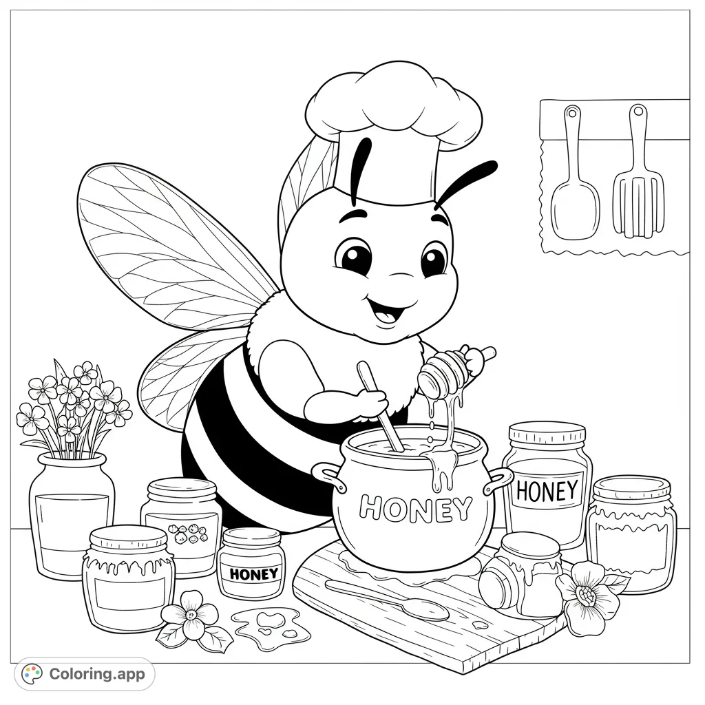 A delightful chef bee prepares honey in its kitchen, surrounded by jars and flowers. A sweet, free printable coloring page for all ages.