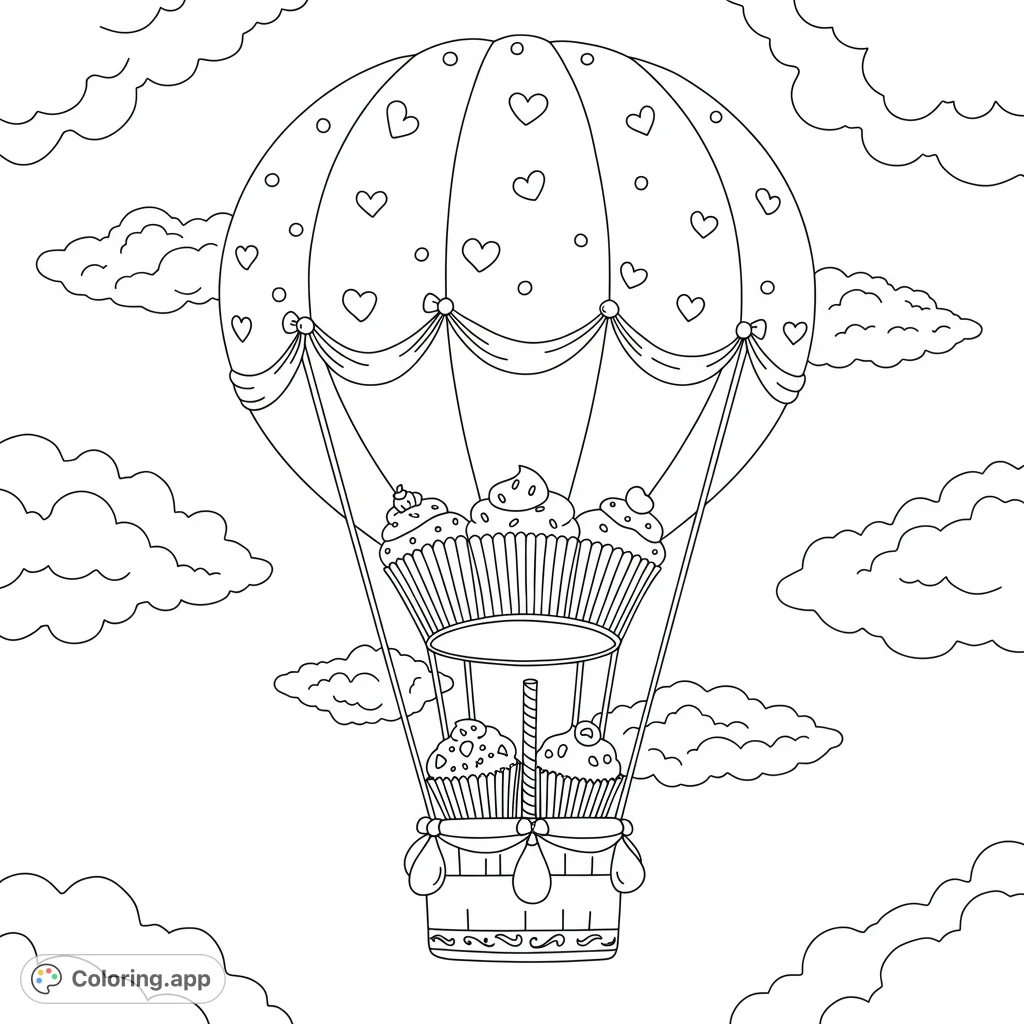 Float among the clouds with a delightful hot air balloon filled with yummy cupcakes! A charming, free printable cupcake hot air balloon coloring page for kids and adults.