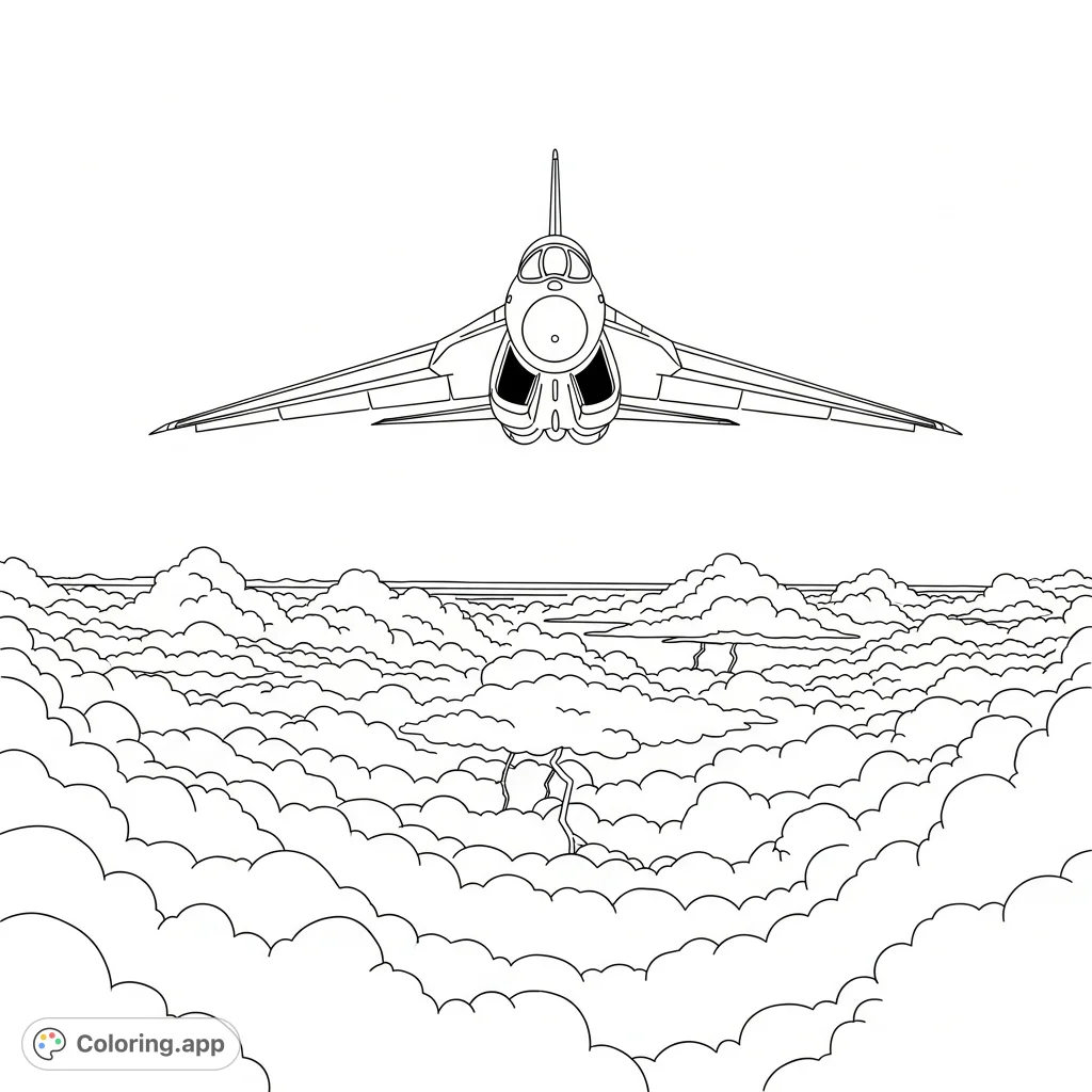 An advanced jet with unique swept-forward wings soars above a turbulent cloudscape, with subtle hints of lightning. A dynamic scene ready for creative coloring.