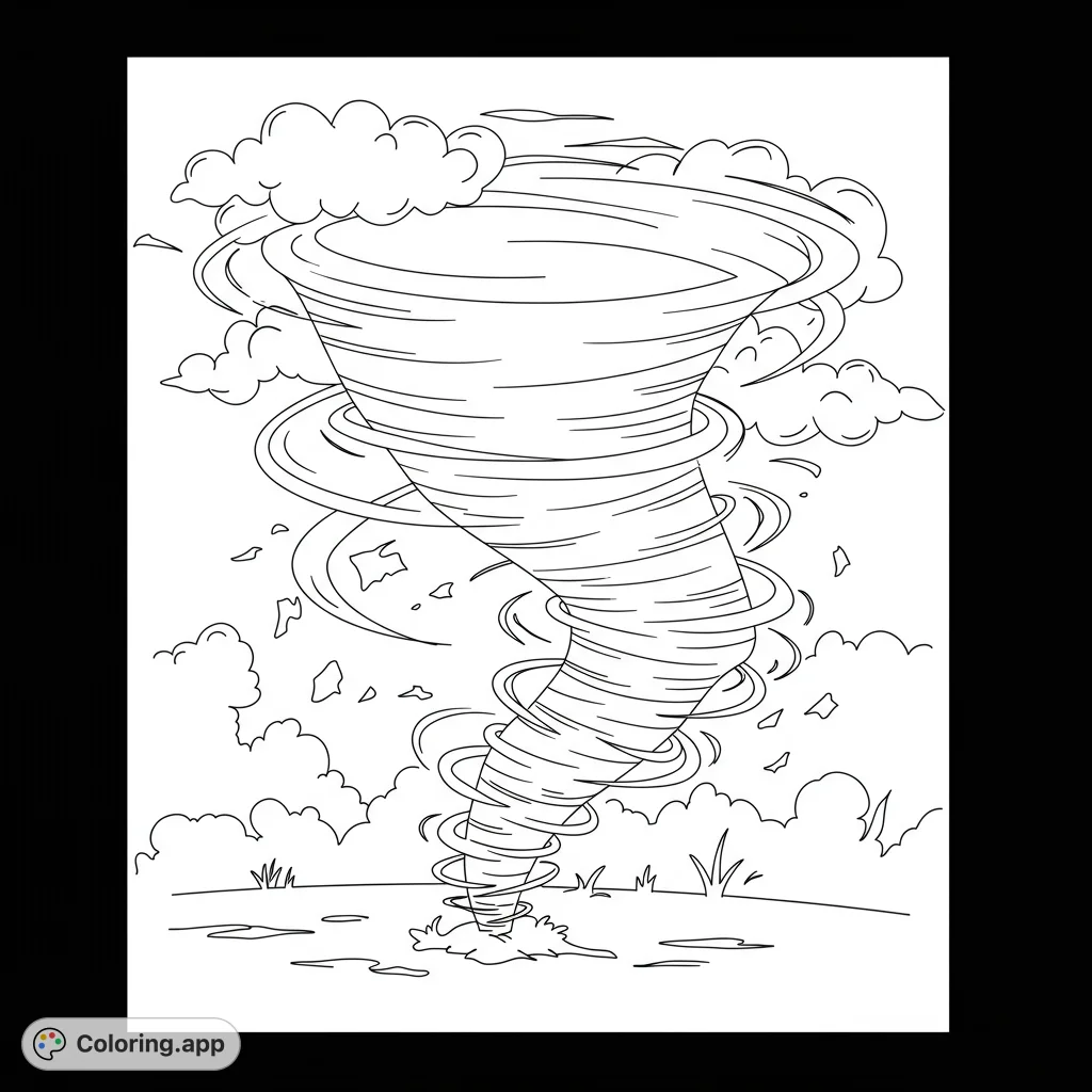 A dynamic tornado funnel cloud swirls powerfully, with debris flying and storm clouds in the background. A thrilling weather scene.