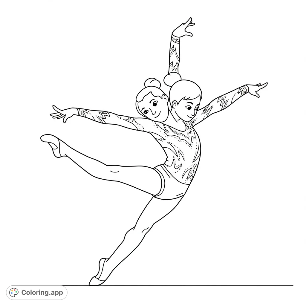 Capture the grace of two synchronized gymnasts in a dynamic pose. A free printable gymnastics coloring page, perfect for kids and adults.