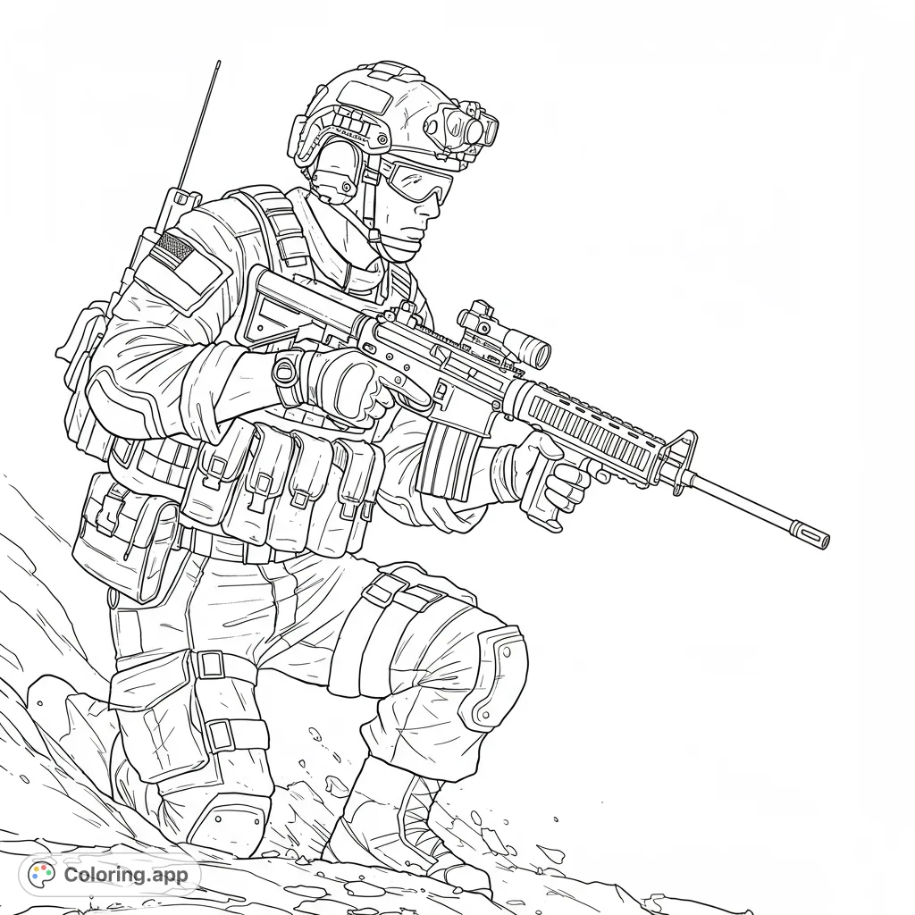 Detailed tactical soldier coloring page, kneeling with rifle. Features intricate gear, perfect for military enthusiasts and detailed coloring.