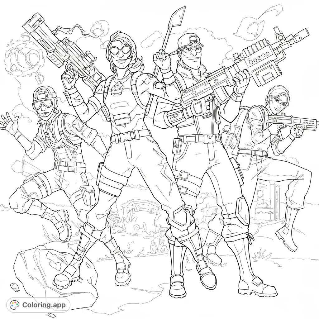 Dynamic tactical squad ready for action, featuring four armed characters in a detailed adventure scene. Perfect for fans of action and strategy games.