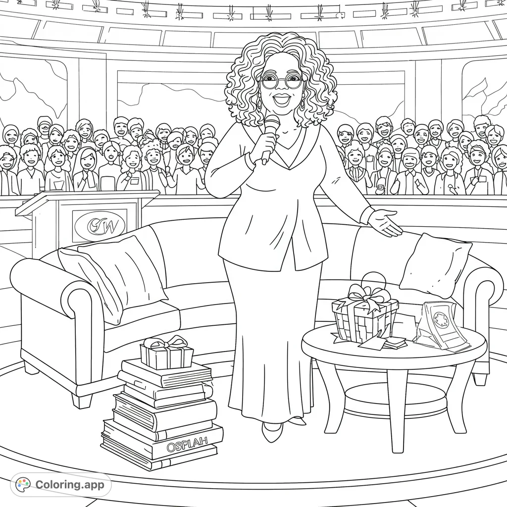 An inspiring talk show host on stage, addressing a lively audience. Features detailed furniture, gifts, and a dynamic studio setting.