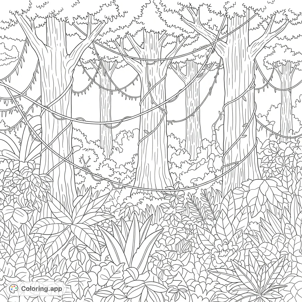 An intricate jungle scene featuring a dense network of vines, towering trees, and lush undergrowth, offering a challenging and rewarding coloring experience.