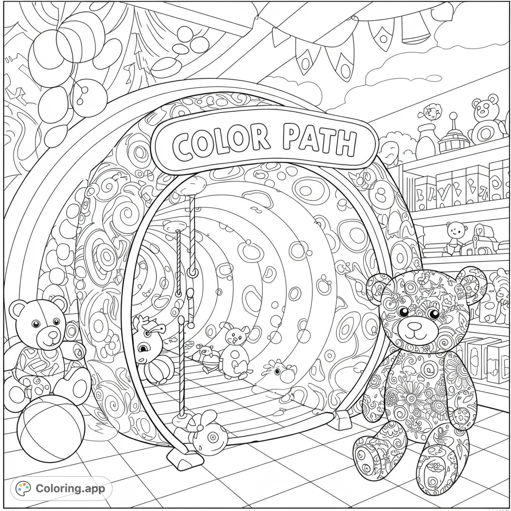 Explore a whimsical toy store with a large patterned teddy bear, a 'Color Path' tunnel, and shelves filled with delightful toys, ready for vibrant coloring.