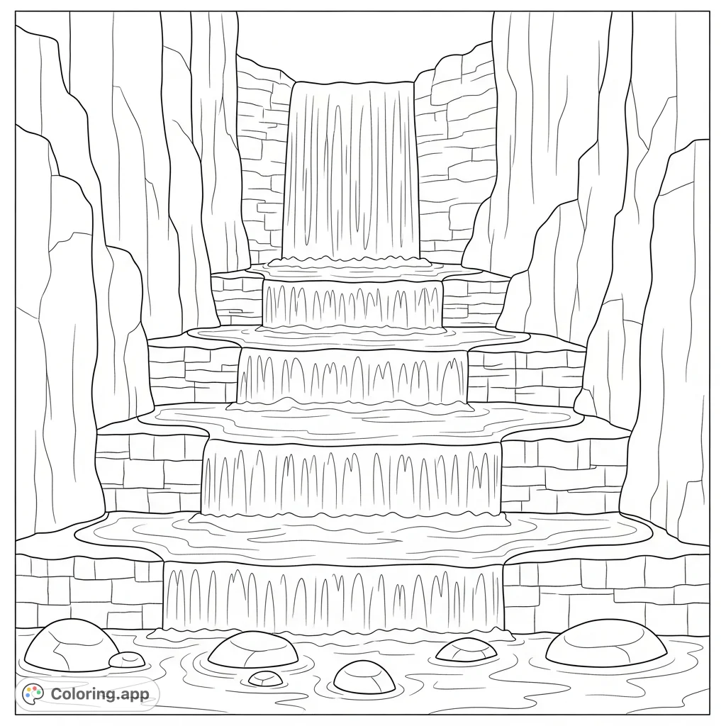 Explore a beautiful terraced canyon waterfall. Simplified stacked rock patterns and cascading water offer a serene and engaging coloring experience for all.