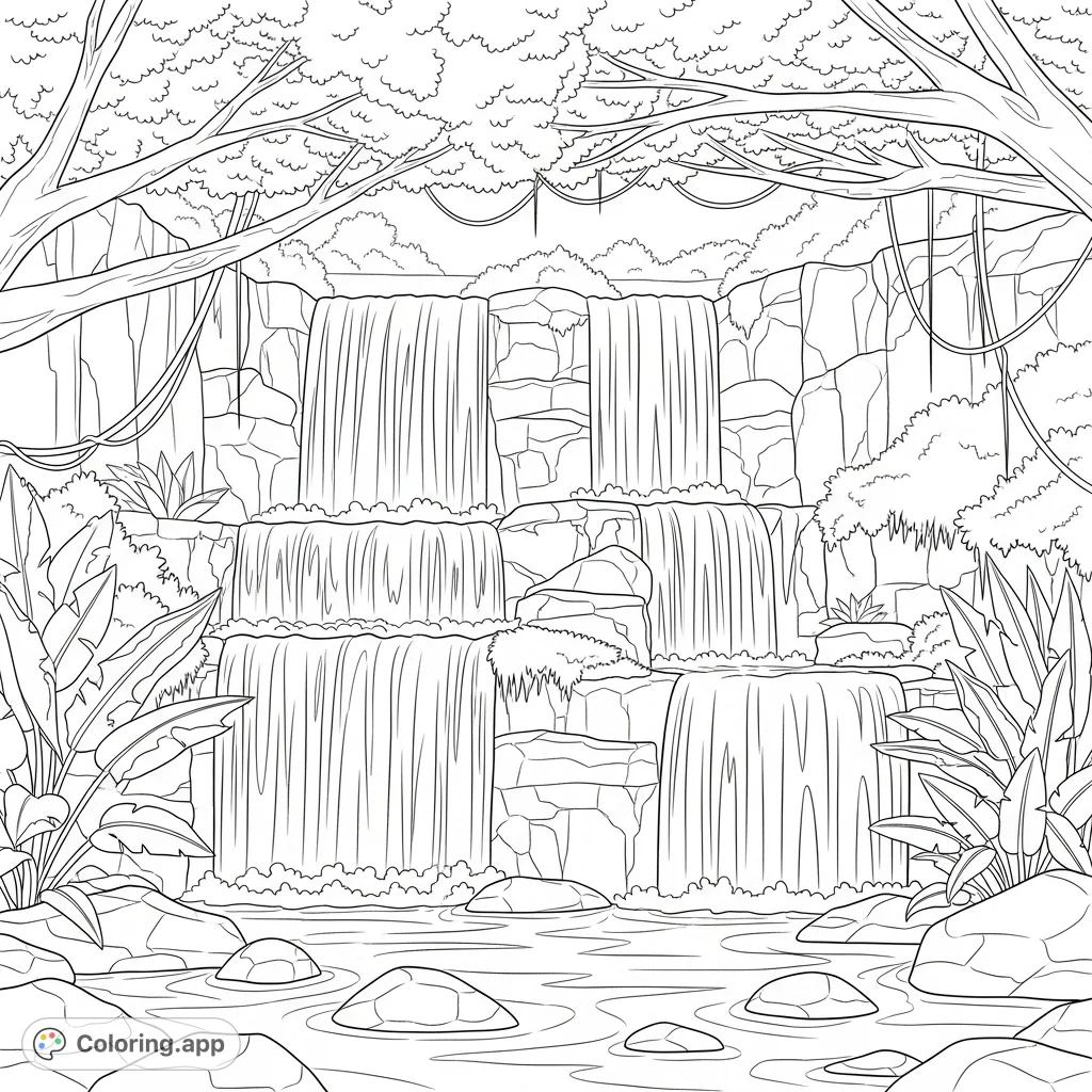 Explore a magnificent terraced rainforest waterfall. Multiple cascades flow amidst lush tropical plants and a dense, simplified tree canopy above.