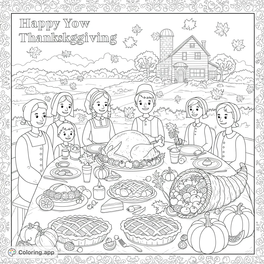 A heartwarming Thanksgiving family feast coloring page, featuring a traditional dinner, a bountiful cornucopia, and a charming farmhouse background.