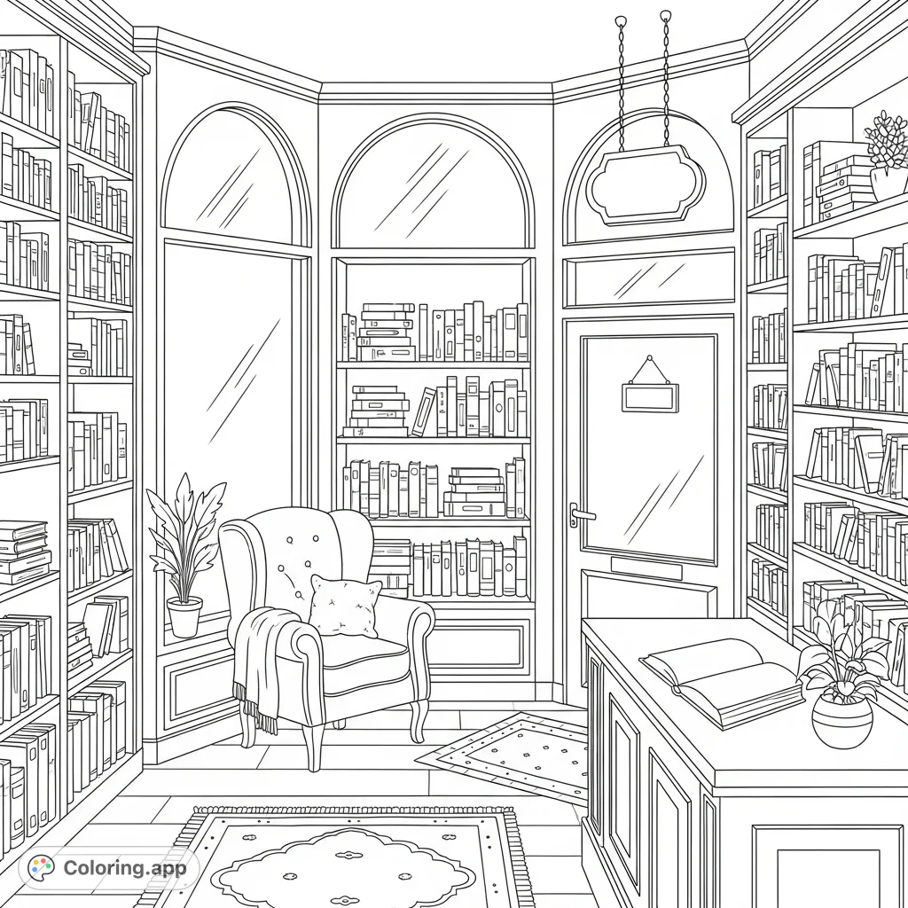 A serene bookshop scene with large windows, inviting armchairs, and shelves brimming with books, perfect for a relaxing coloring experience. Escape into a world of literature.