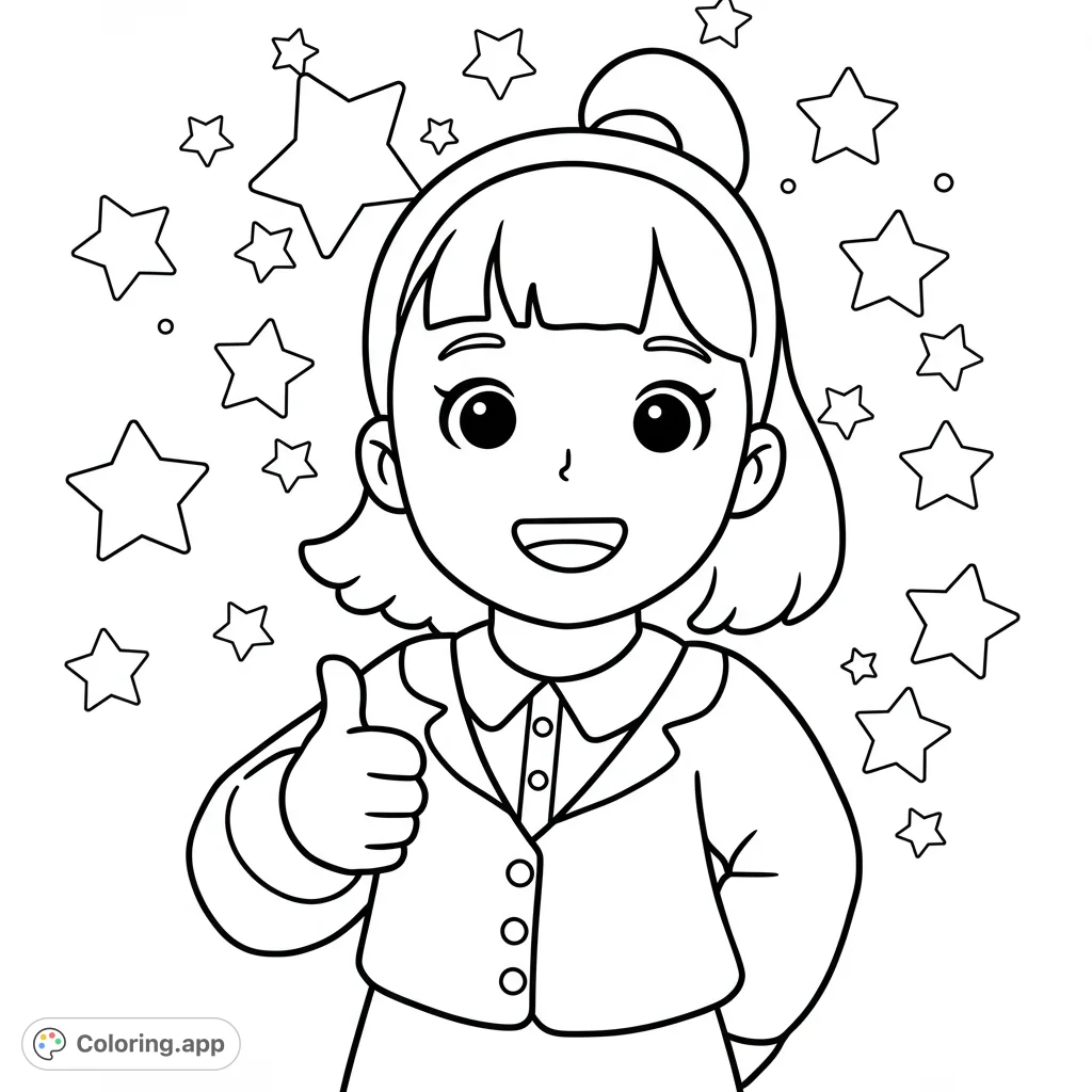 A cheerful girl gives a thumbs-up surrounded by stars. A positive vibes coloring page, perfect for kids and adults.