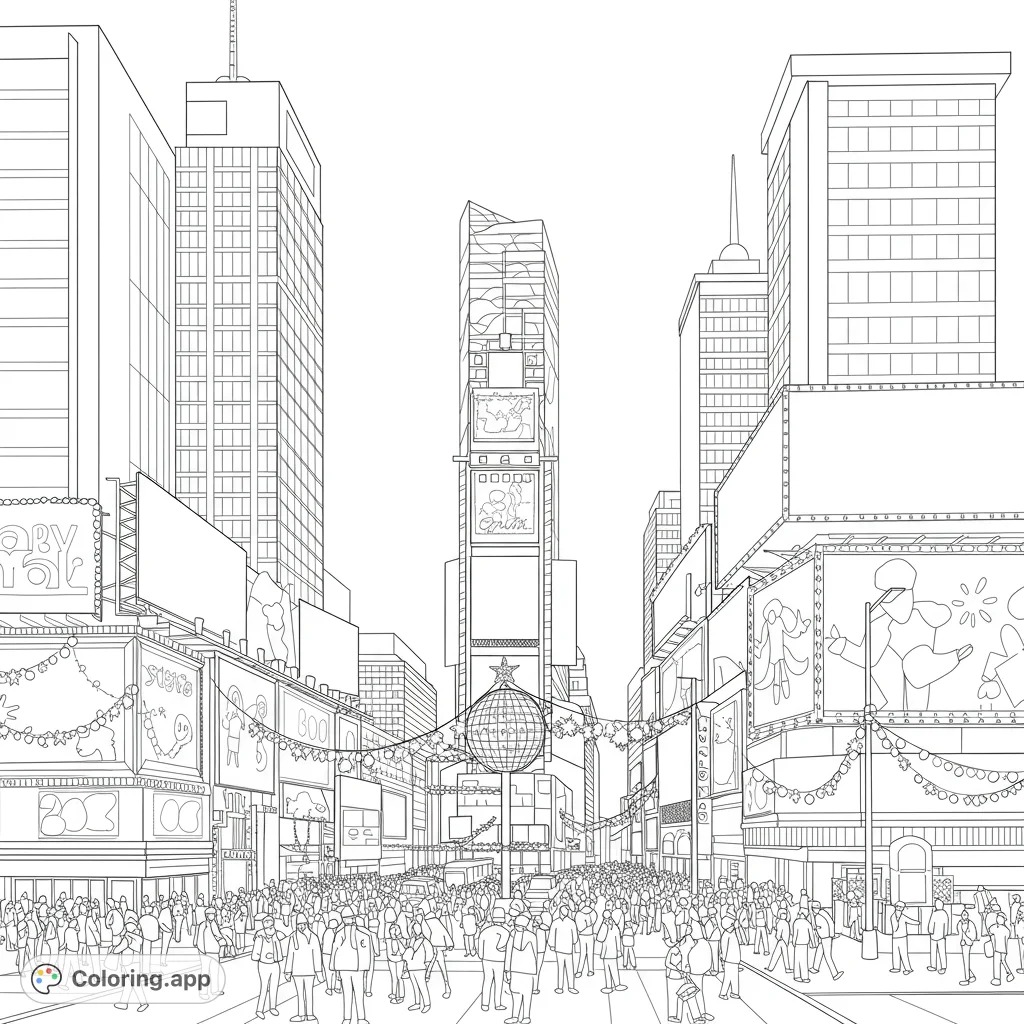 Immerse yourself in a bustling city street scene, featuring towering skyscrapers, vibrant billboards, and a festive crowd. A detailed urban cityscape coloring page.