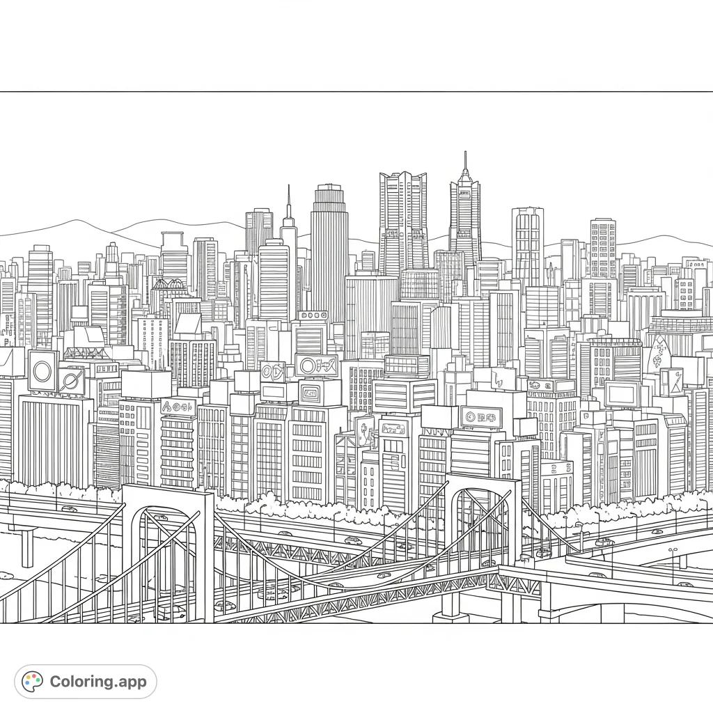 Color an intricate, panoramic Tokyo-inspired skyline featuring towering skyscrapers, detailed bridges, vibrant neon signs, and distant serene hills under a vast sky.