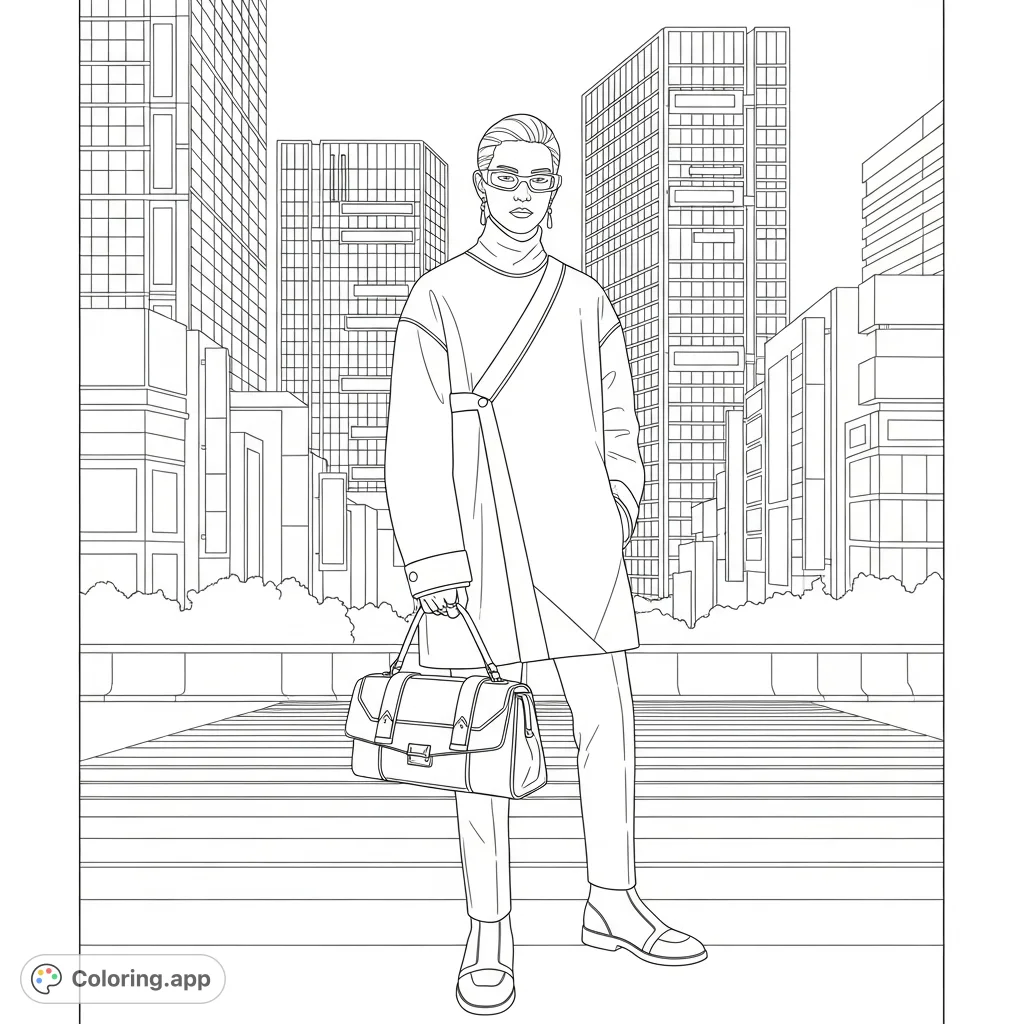 Immerse yourself in the sleek world of modern Japanese urban fashion. A confident figure stands amidst a towering Tokyo cityscape, perfect for a stylish coloring adventure.