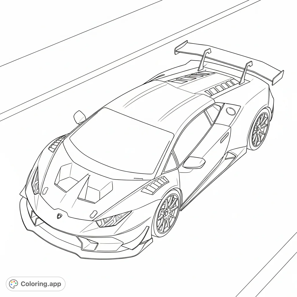 Explore the intricate design of a Lamborghini-inspired track car from a top-down perspective, highlighting its advanced aerodynamic features.