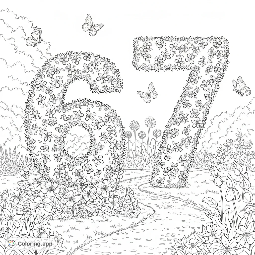 Explore a serene botanical garden featuring grand topiaries shaped as '6' and '7', adorned with floral patterns, blooming flowers, and graceful butterflies.