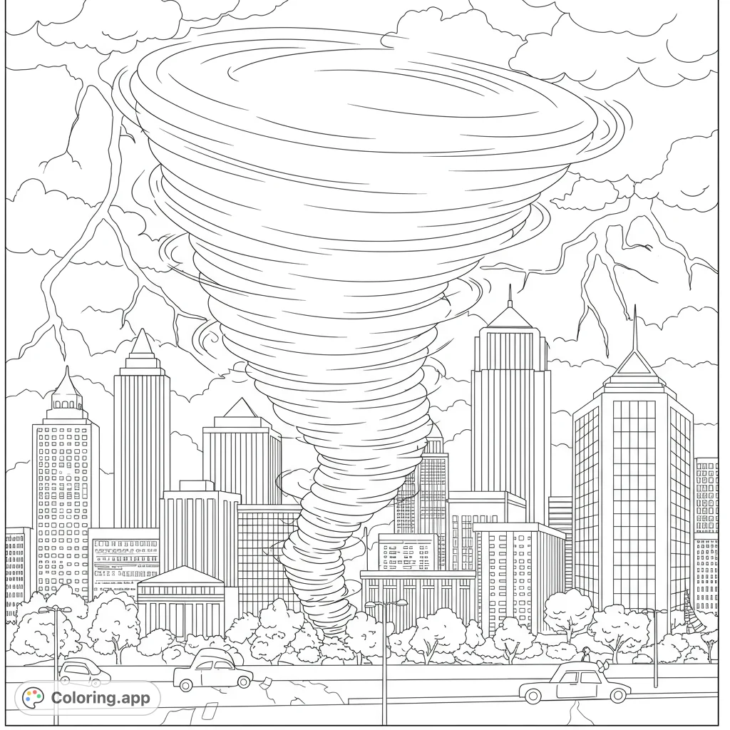 Experience a thrilling tornado over a detailed city skyline. This dynamic weather phenomenon coloring page is a free printable, perfect for kids and adults.