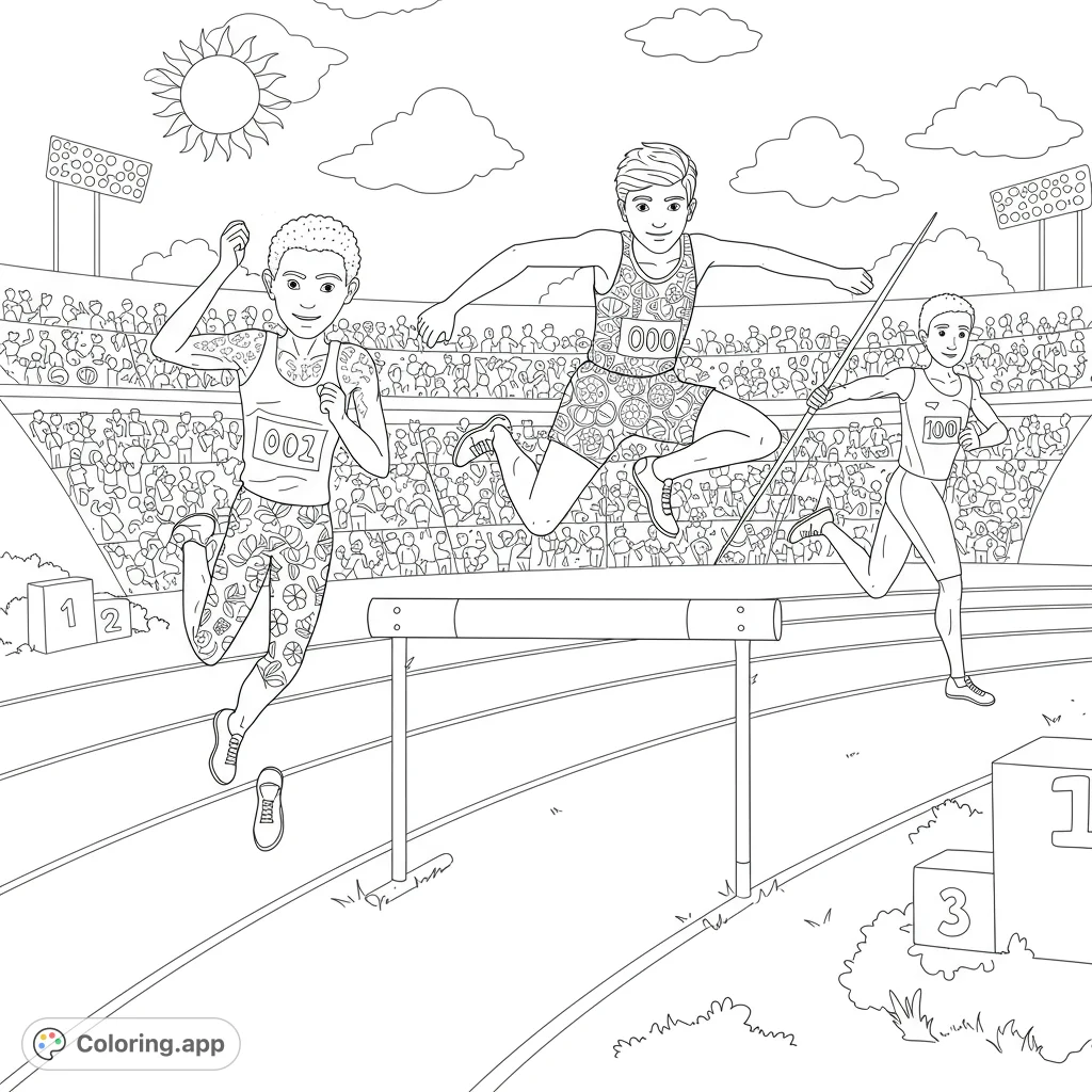 Dynamic track and field coloring page featuring athletes competing in hurdles, running, and javelin throw at a bustling stadium. A free printable sports coloring page for all ages.