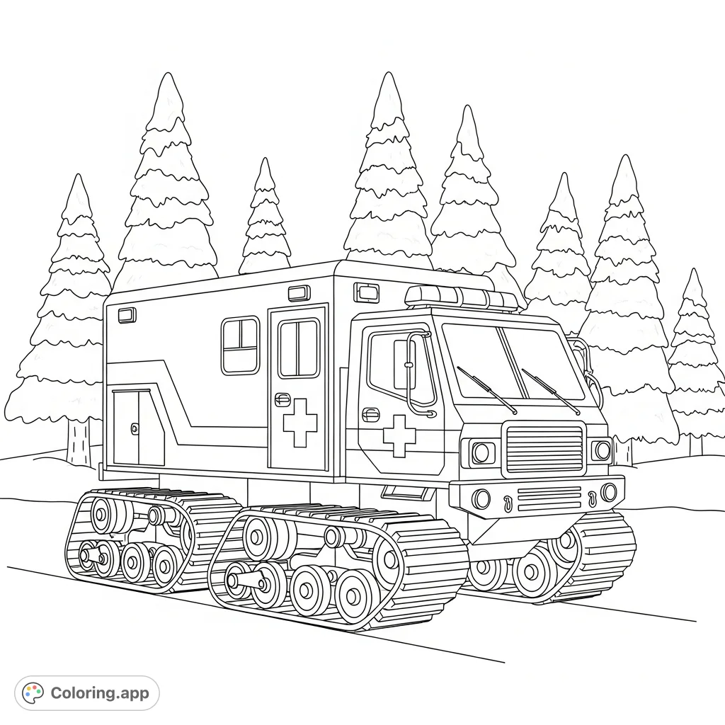 Explore a detailed coloring page featuring a rugged snow-rescue ambulance with tracks, set against a peaceful, snow-covered pine forest. Perfect for all ages!
