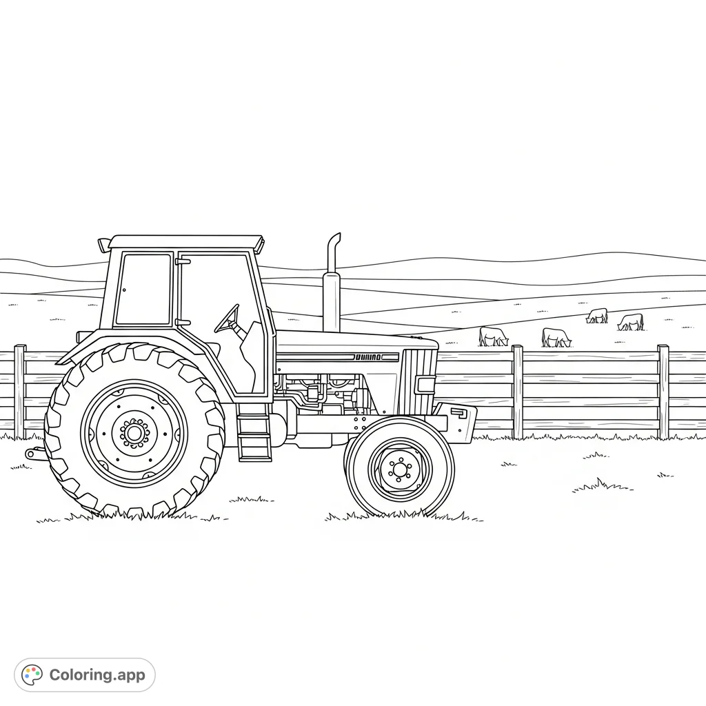 A classic farm scene featuring a detailed tractor parked beside a rustic cattle fence with distant livestock grazing on rolling hills under an open sky.
