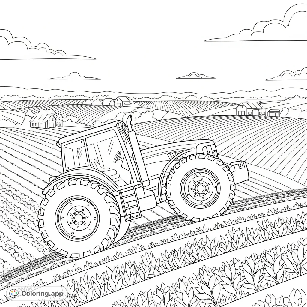 A detailed coloring page featuring a robust tractor climbing a hill, overlooking vast farmland under a sky with soft, minimal clouds. Perfect for all ages.
