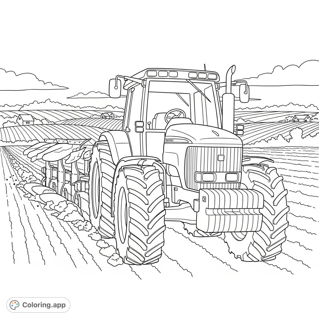 A detailed coloring page of a sturdy farm tractor plowing through a field, featuring simplified mud lines and distant farm buildings.