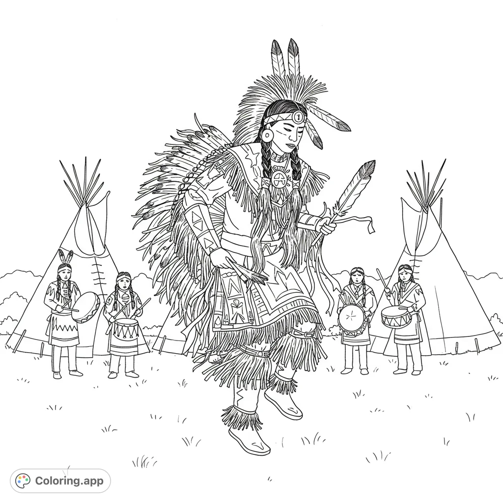 Dynamic Native American powwow scene featuring a central dancer in elaborate regalia, surrounded by drummers and traditional tipis. Free printable coloring page.
