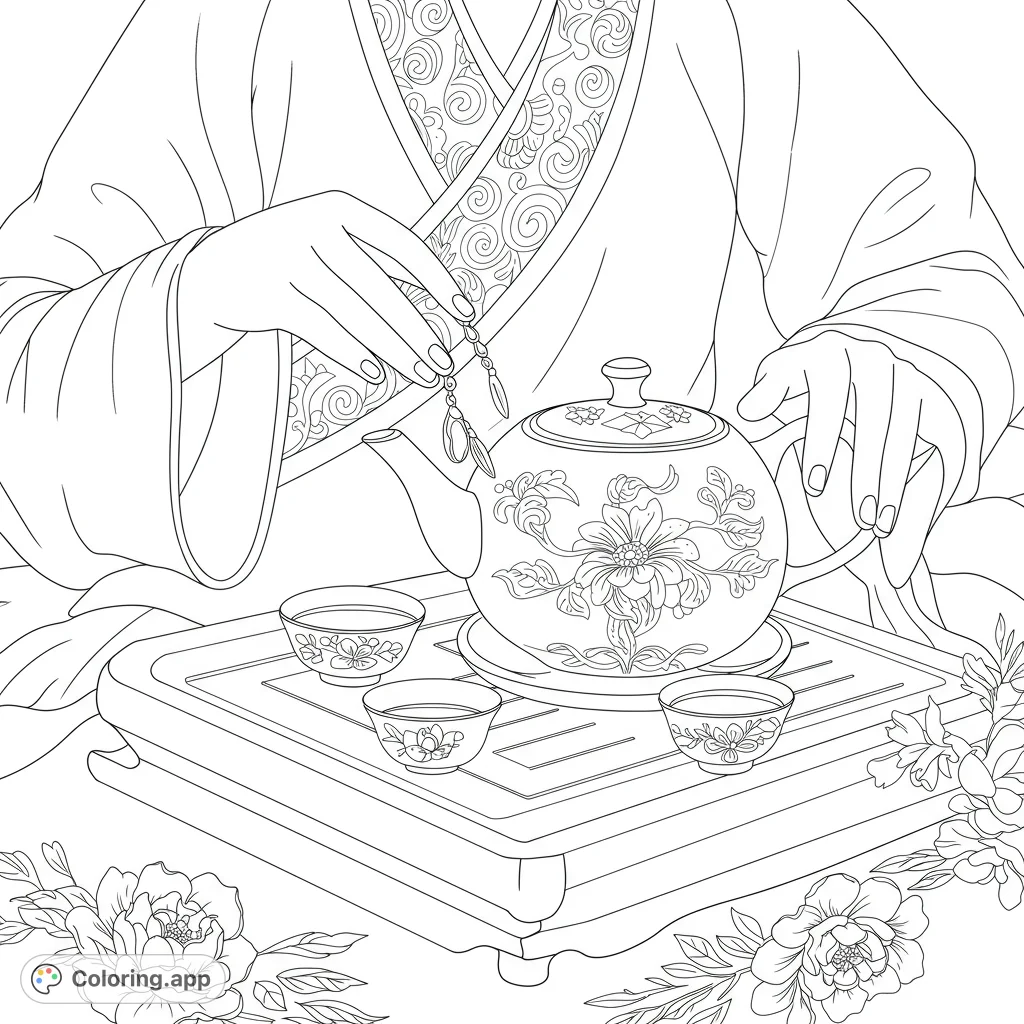 Immerse in a serene traditional tea ceremony coloring page featuring hands, an ornate teapot, teacups, and delicate floral patterns.